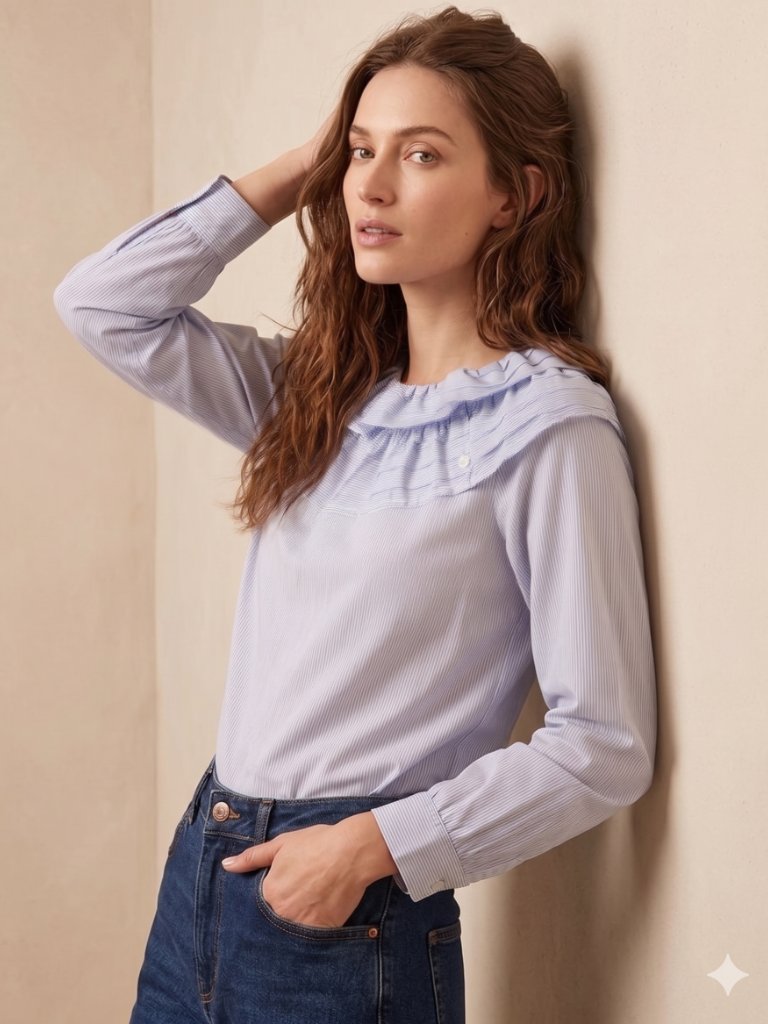 Anthropologie Harshman Blue Striped Ruffle Collar Cotton Blouse Top - Small